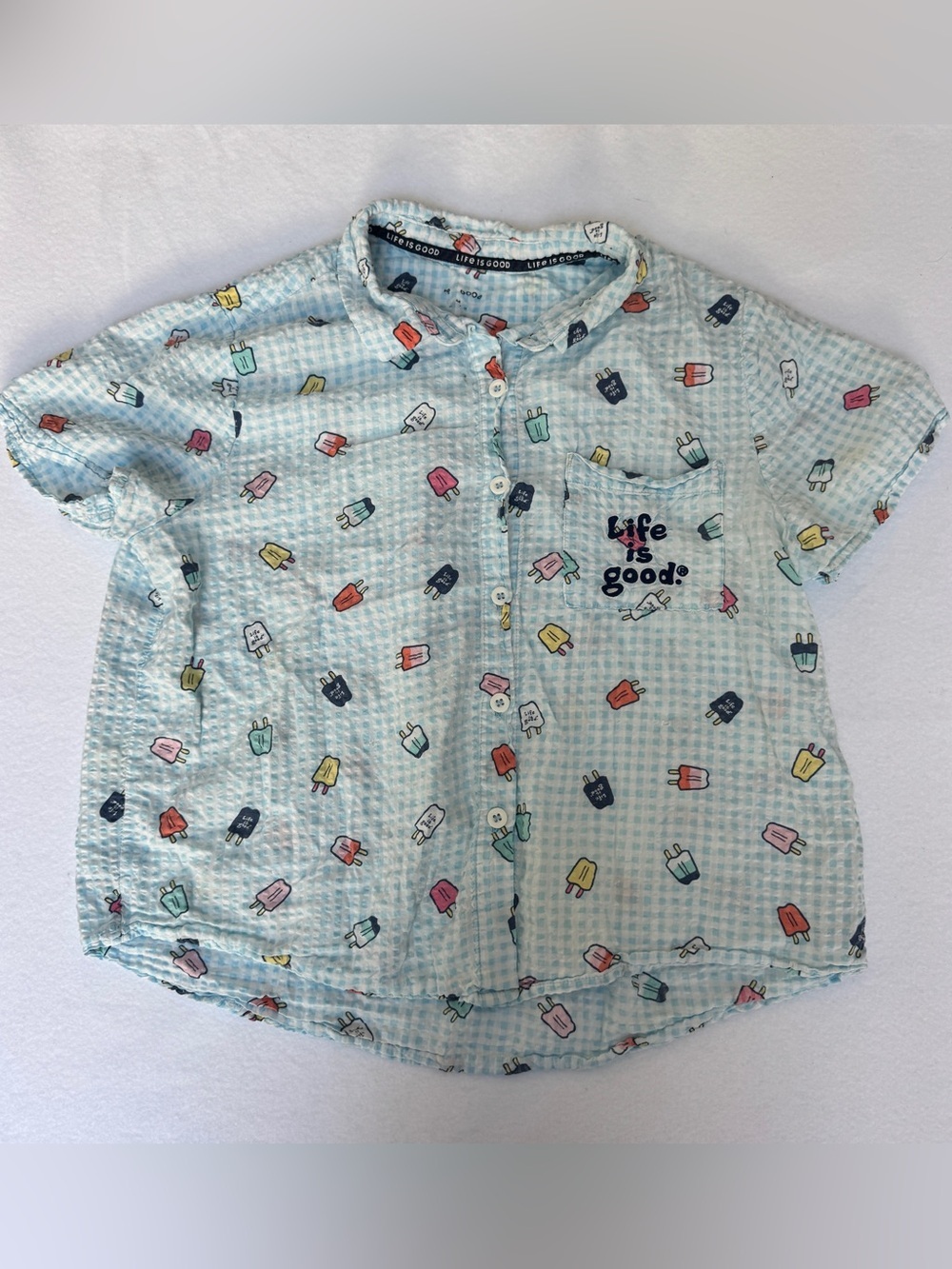 Life is Good Women’s Pajama Top Medium Tee Blue Seersucker Popsicles Button Up